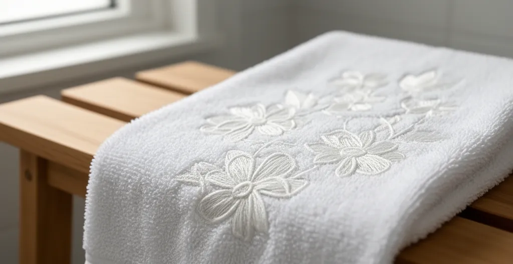 Gros plan modéré sur broderie ton sur ton délicate sur tissu éponge de qualité