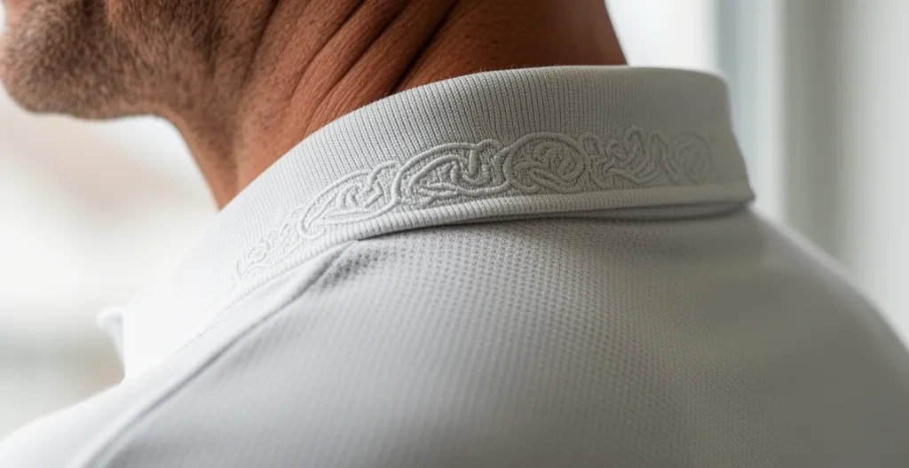 Détail d'un col de polo rugby lifestyle montrant les finitions de qualité