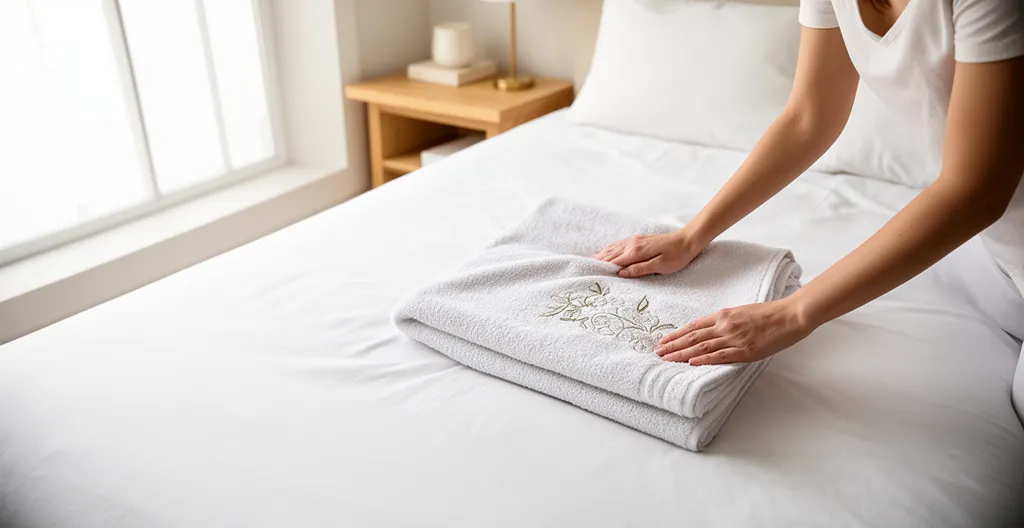 Peignoir et serviettes pliés avec broderies discrètes sur lit