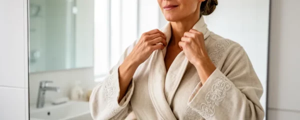 Femme française d'environ 60 ans enfilant un peignoir de bain brodé devant miroir de salle de bain