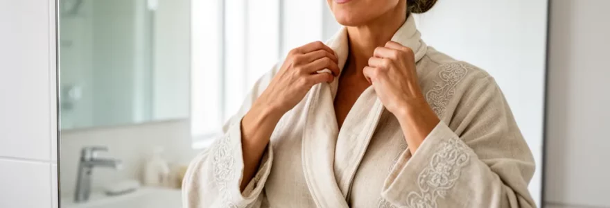 Femme française d'environ 60 ans enfilant un peignoir de bain brodé devant miroir de salle de bain