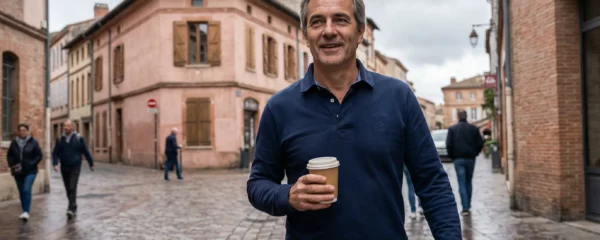 Homme portant un polo rugby lifestyle dans une rue du Sud-Ouest français