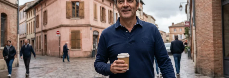 Homme portant un polo rugby lifestyle dans une rue du Sud-Ouest français