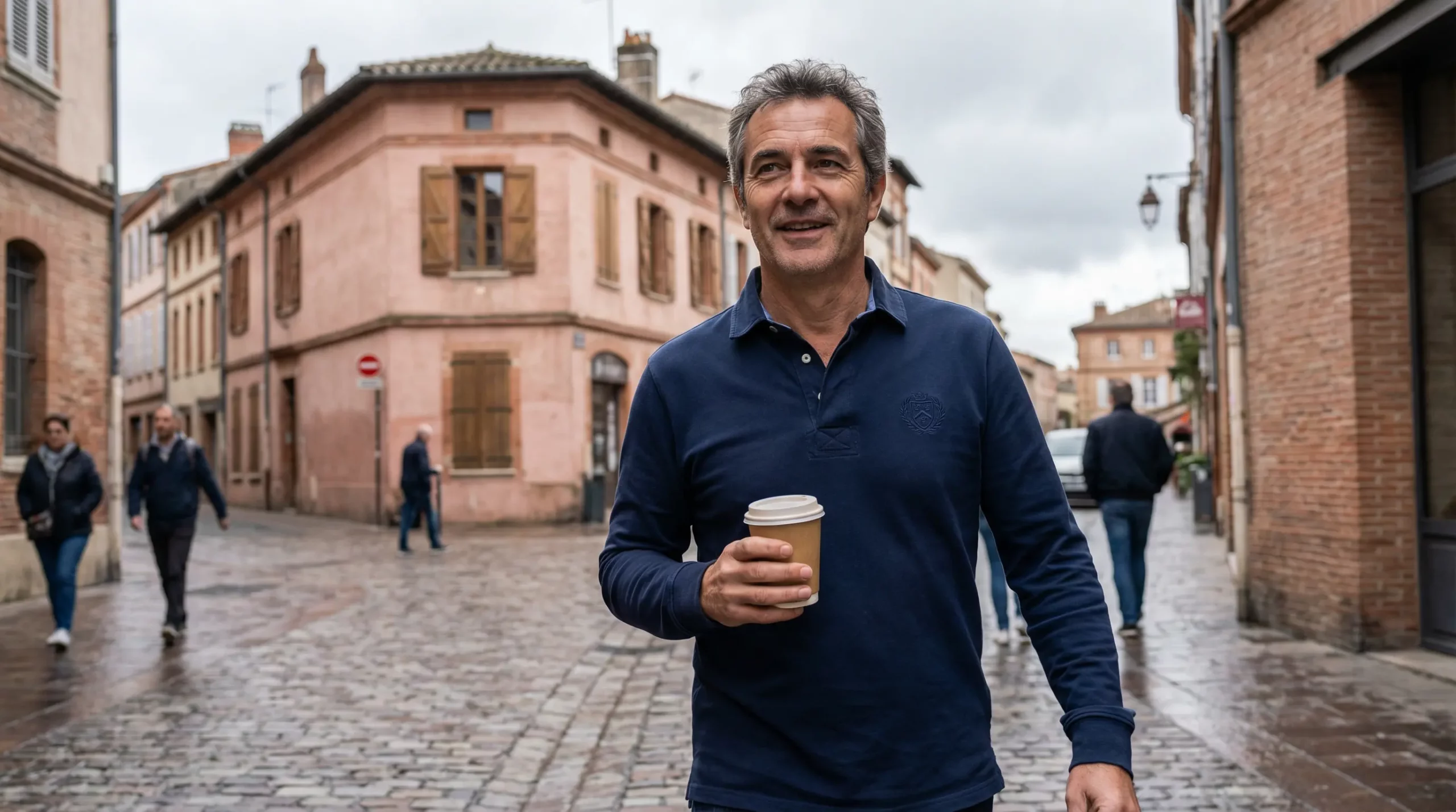 Homme portant un polo rugby lifestyle dans une rue du Sud-Ouest français