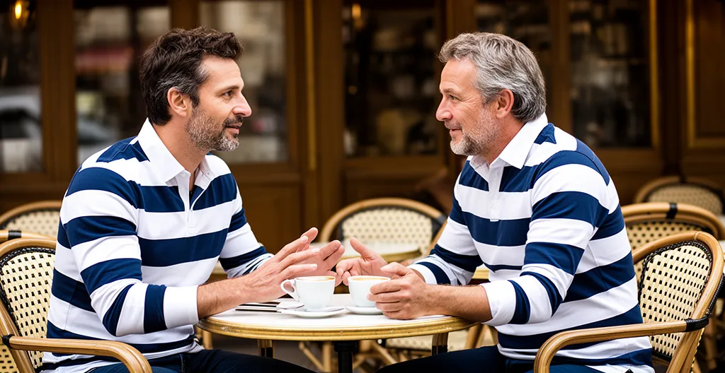 Deux hommes en tenue rugby lifestyle discutant à une terrasse de café française