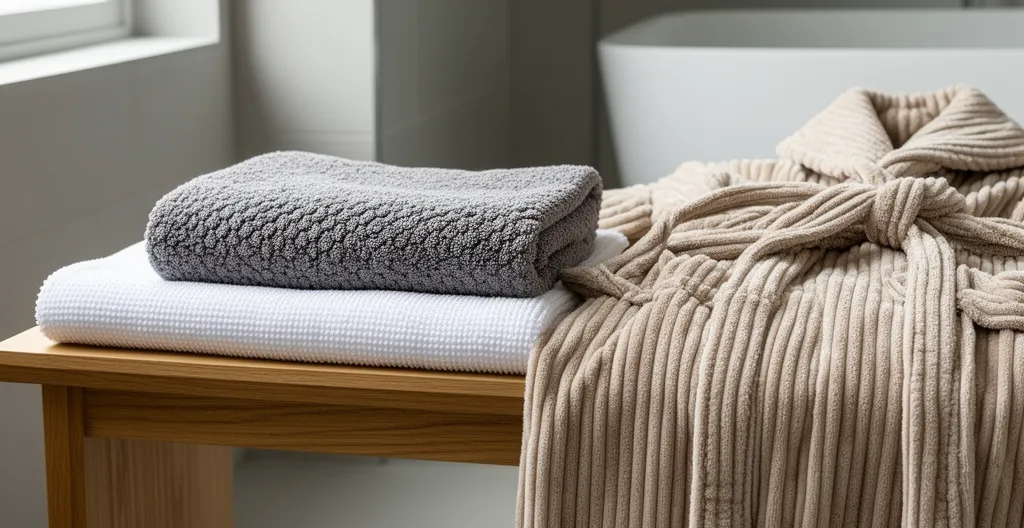 Ensemble de linge de bain avec différentes textures posé sur banc de salle de bain