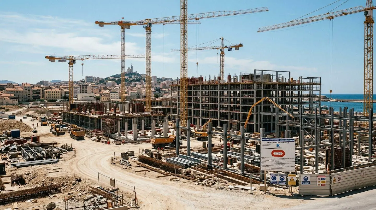 Vue large d'un chantier de construction français sous un soleil d'été intense avec grues et structures métalliques
