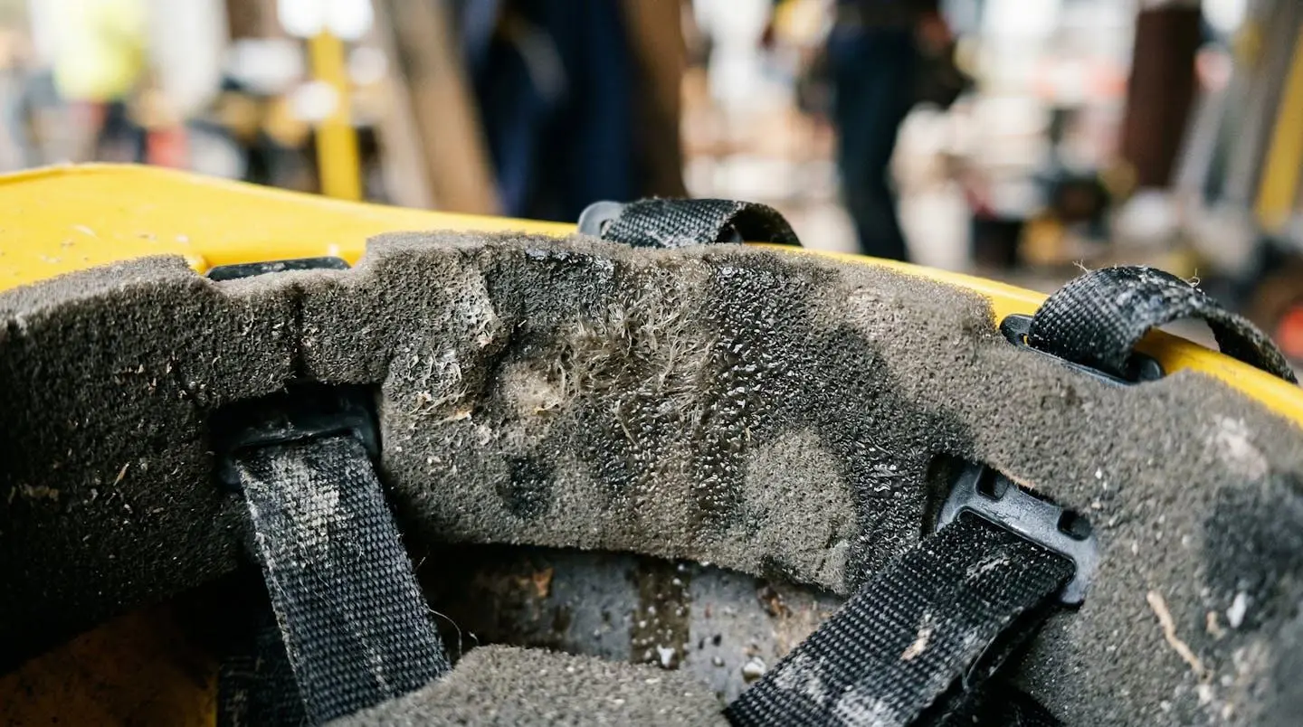 Vue rapprochée de l'intérieur d'un casque de sécurité montrant des traces d'humidité sur la mousse de coiffe