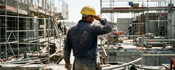 Un ouvrier de chantier vu de dos, portant un casque jaune, s'essuie le front d'un geste de fatigue sous un soleil intense