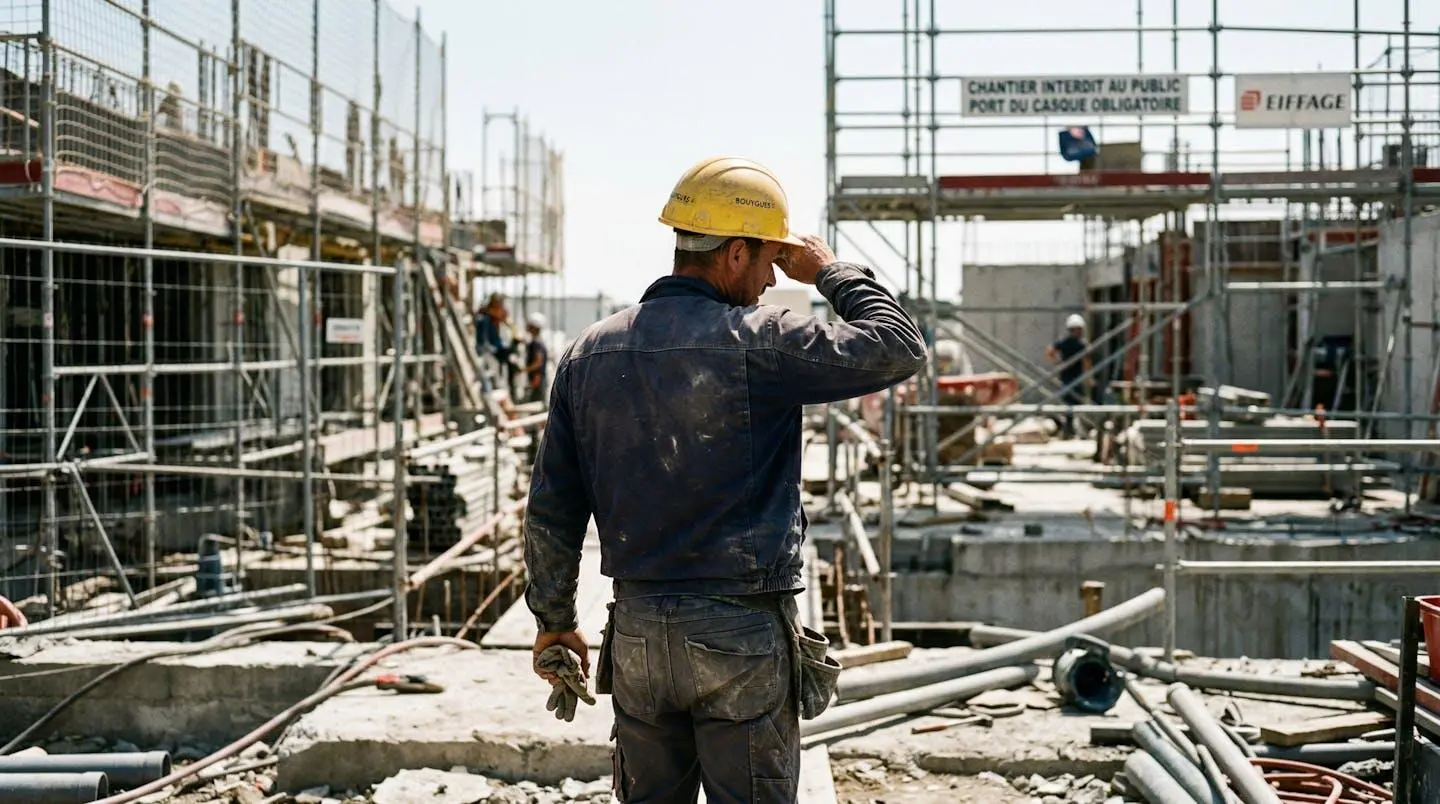 Un ouvrier de chantier vu de dos, portant un casque jaune, s'essuie le front d'un geste de fatigue sous un soleil intense