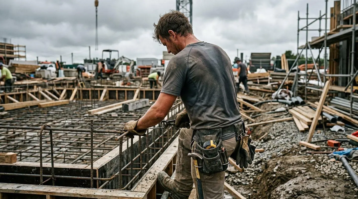 Un ouvrier de dos sur un chantier extérieur, portant un T-shirt technique, le ciel couvert suggérant une atmosphère humide