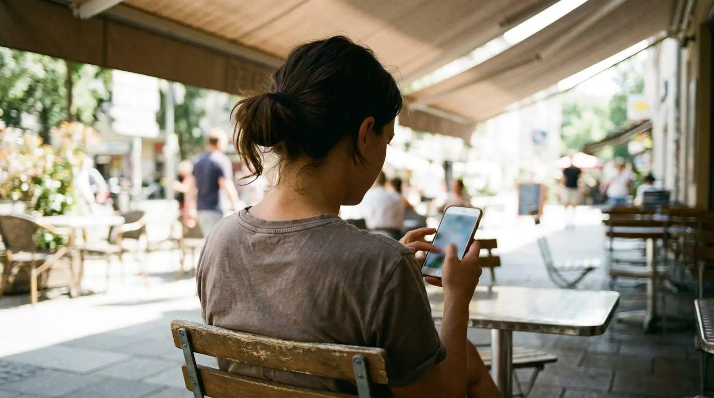 Une personne consulte son smartphone à l'ombre sous un auvent, environnement extérieur estival