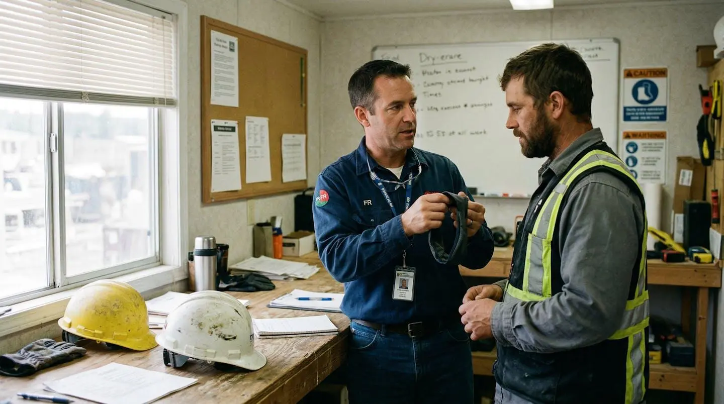 Un responsable de sécurité et un ouvrier discutent de profil, casques posés sur une table, dans un bureau de chantier