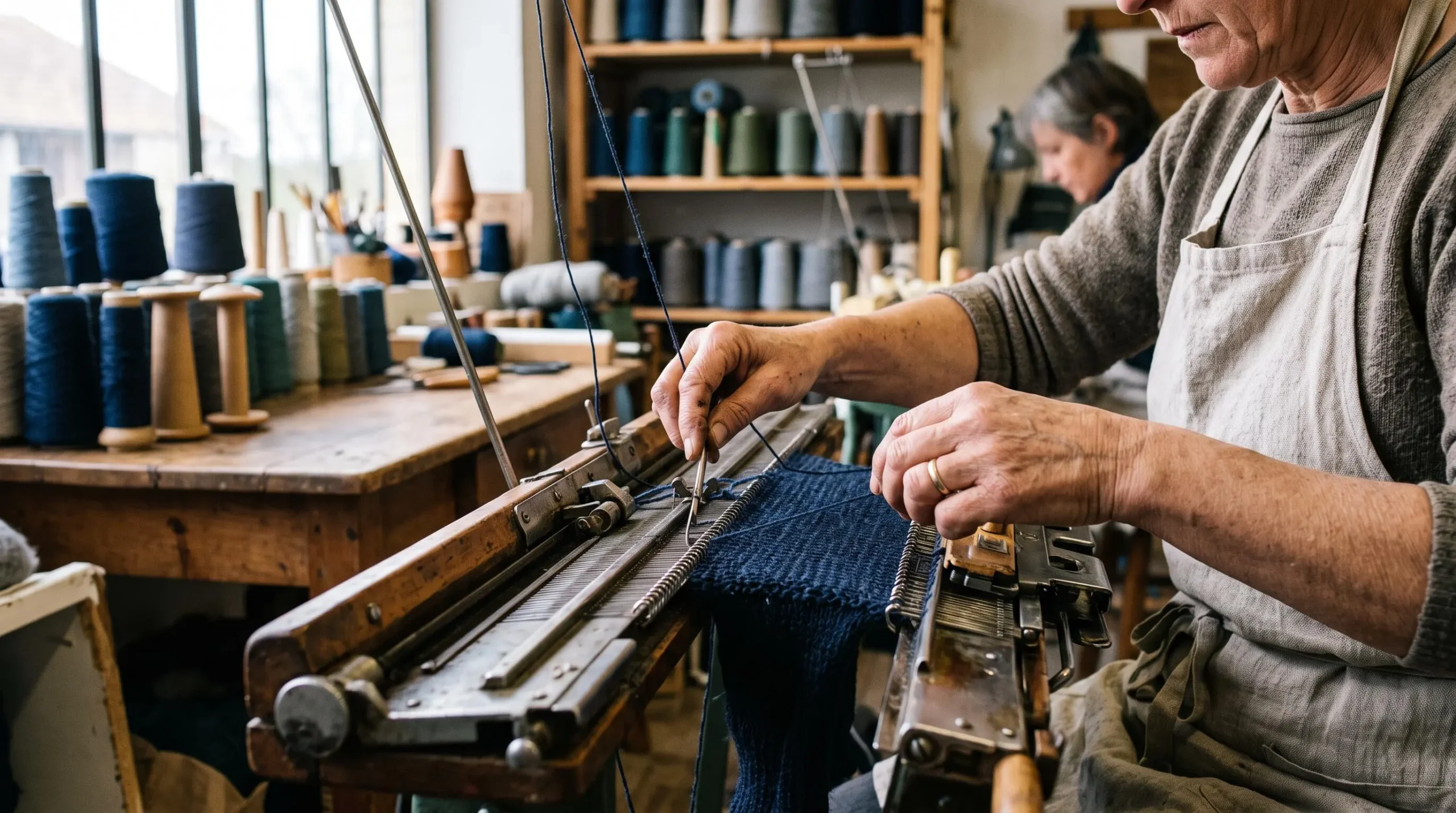 Mains d'un artisan travaillant sur un tricot en cours de fabrication dans un atelier textile avec machine à tricoter traditionnelle