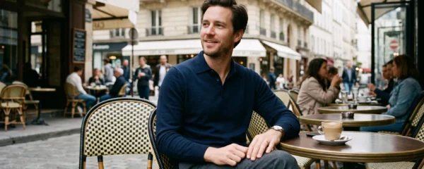 Homme portant un polo en maille sobre assis à une terrasse de café parisien dans une tenue smart casual décontractée