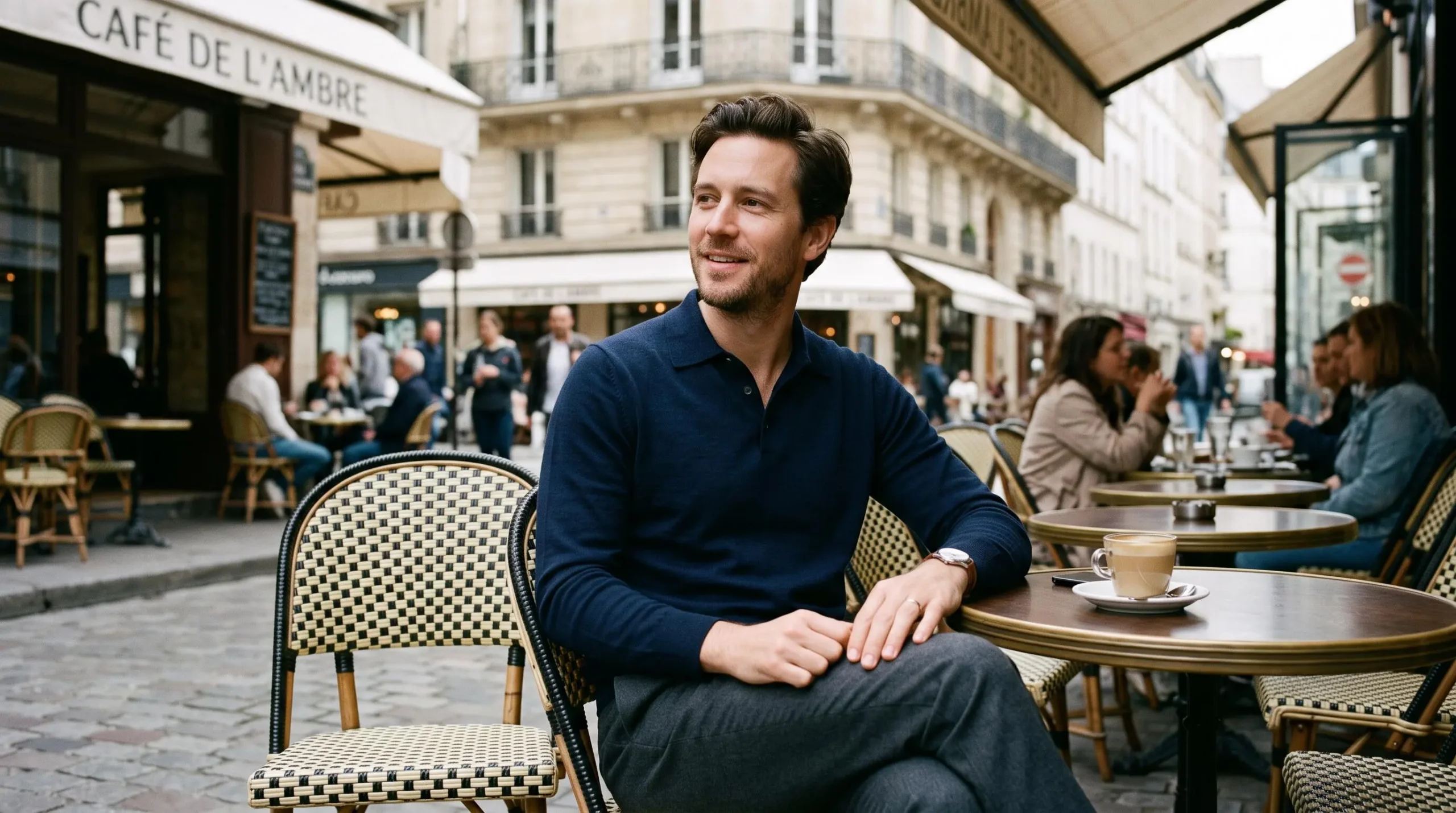 Homme portant un polo en maille sobre assis à une terrasse de café parisien dans une tenue smart casual décontractée