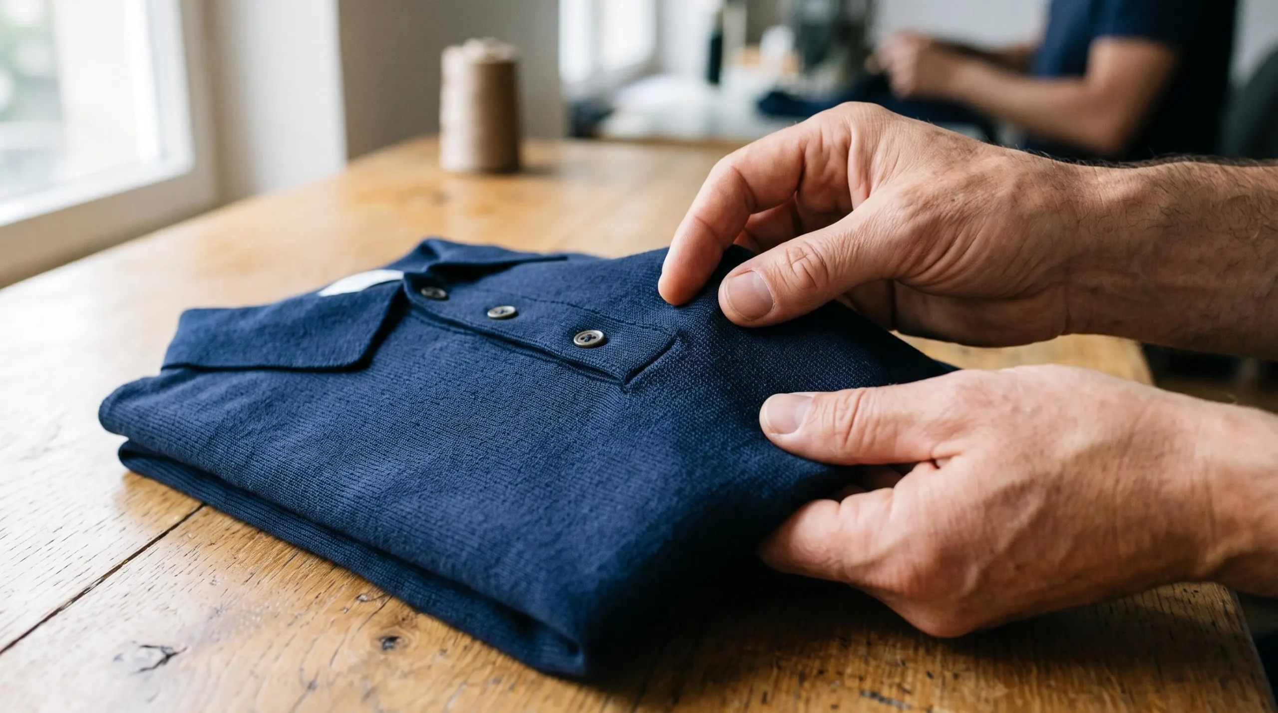 Gros plan sur des mains examinant la texture tricotée fine et serrée d'un polo en maille posé sur une surface en bois